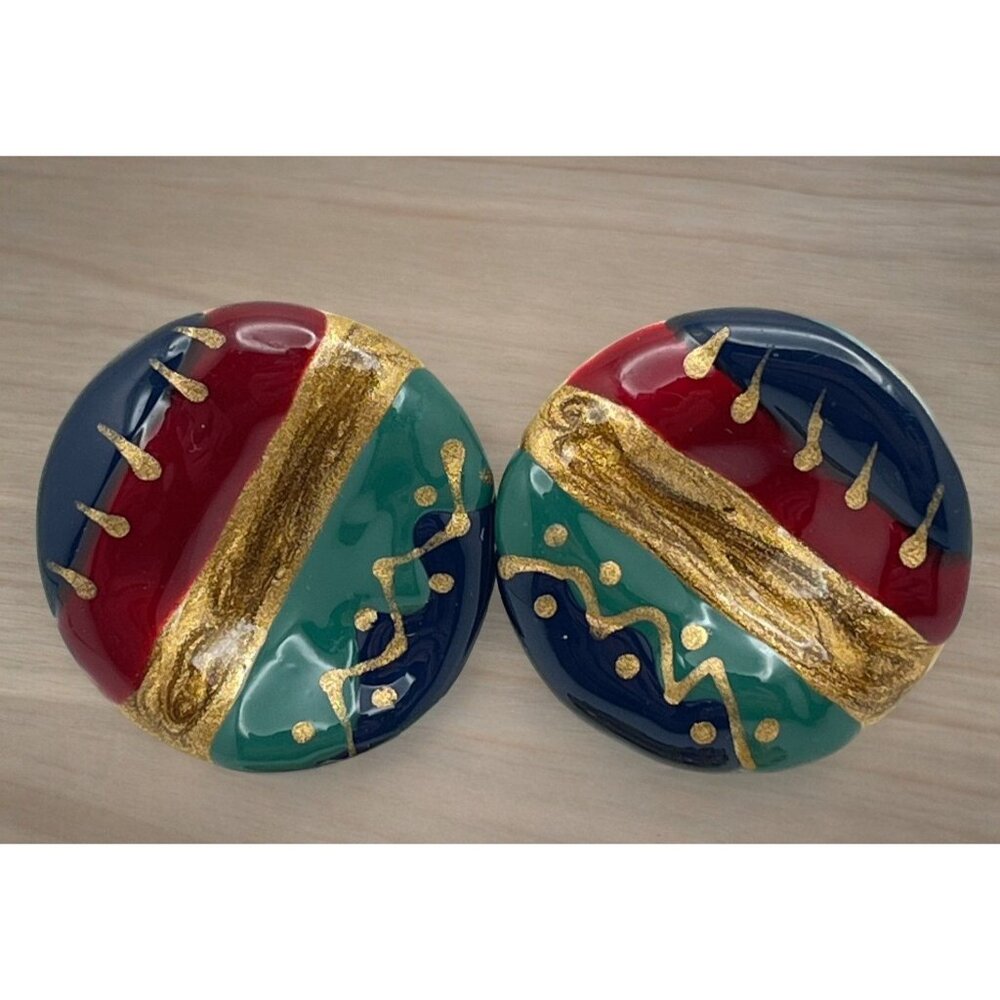 Retro 80s Earrings Vintage Swirl Paint Style Abstract Round Earth Tones